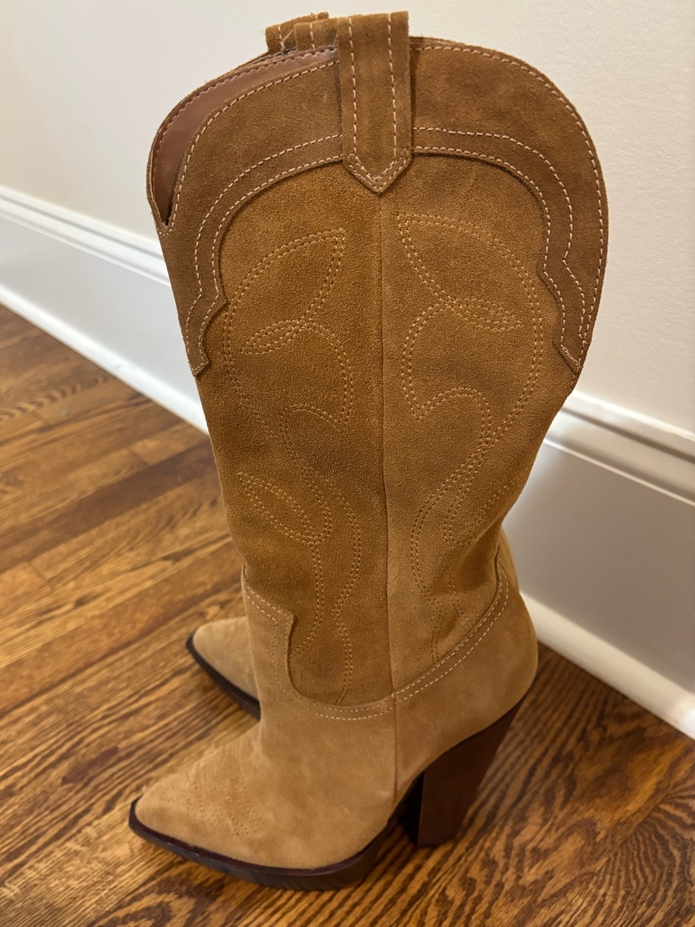 SCHUTZ Camel Suede Western Mid-Calf Heeled Boots
